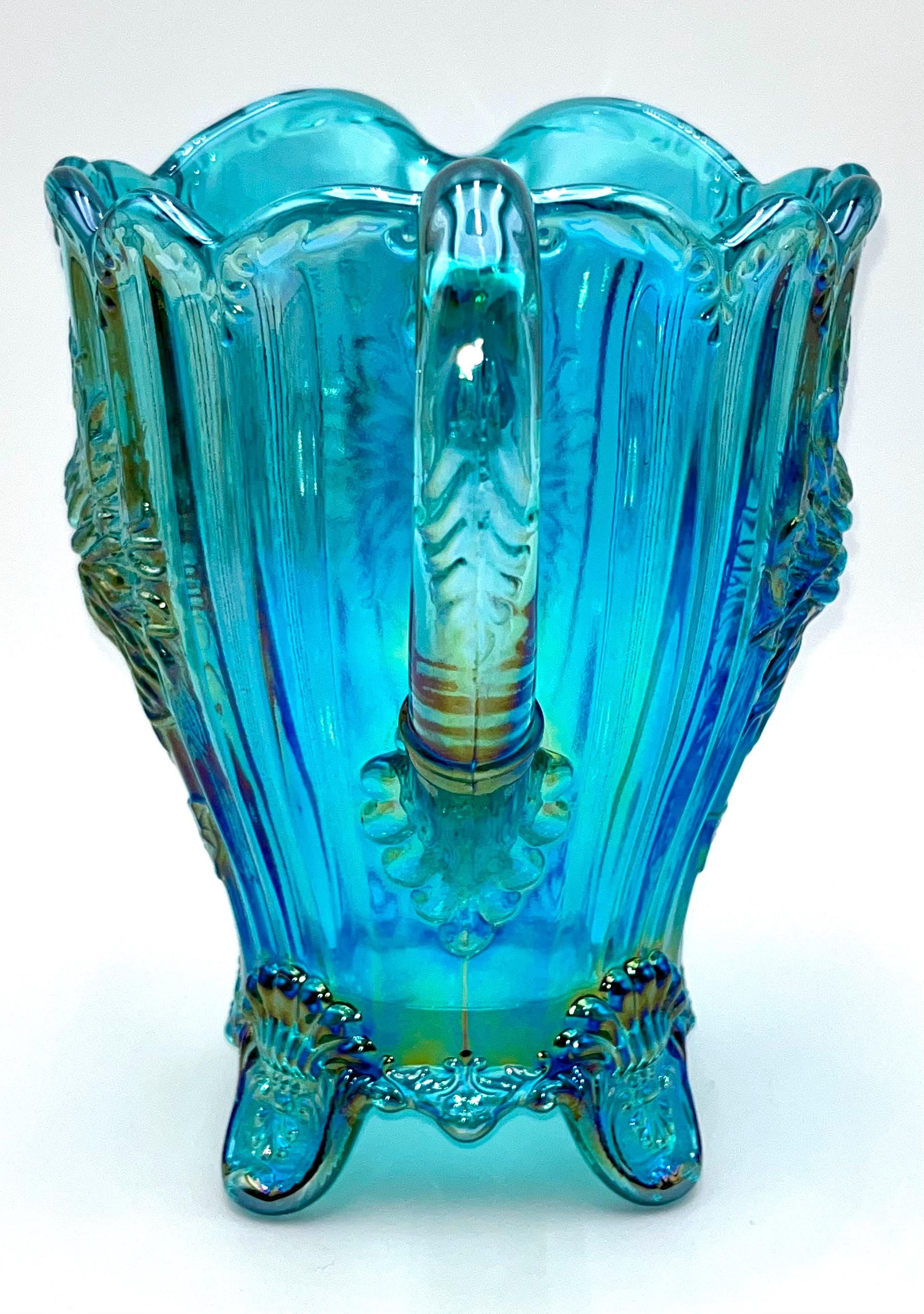 Dahlia Pitcher Teal Carnival by Mosser Glass 8" High and Holds 48 oz To The Rim