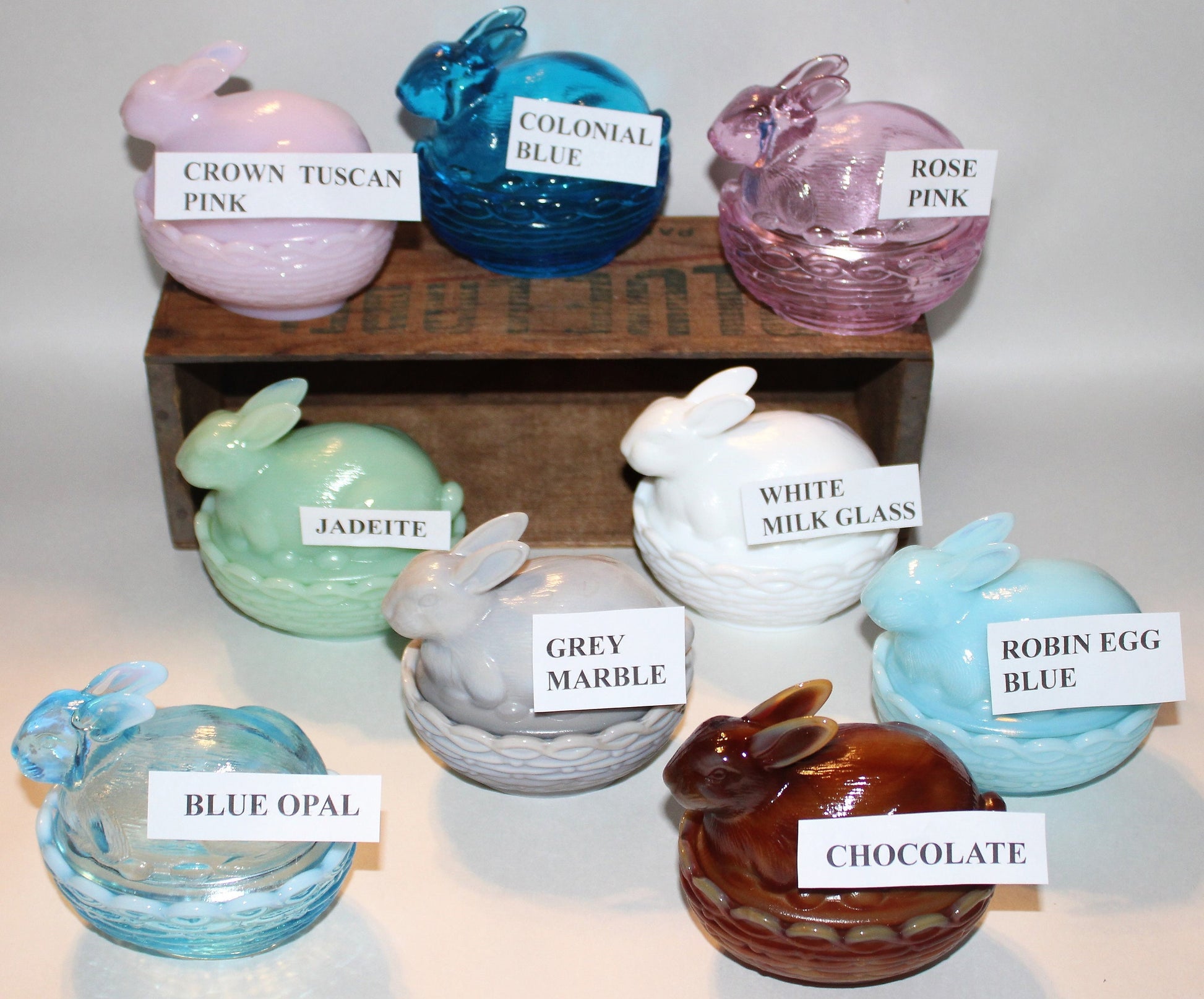 Mosser Bunny Covered Dish, 3-3/4" High 4" Long, Choice of Colors: Jadeite, Milk Glass, Purple, Pink, Teal, Eggplant