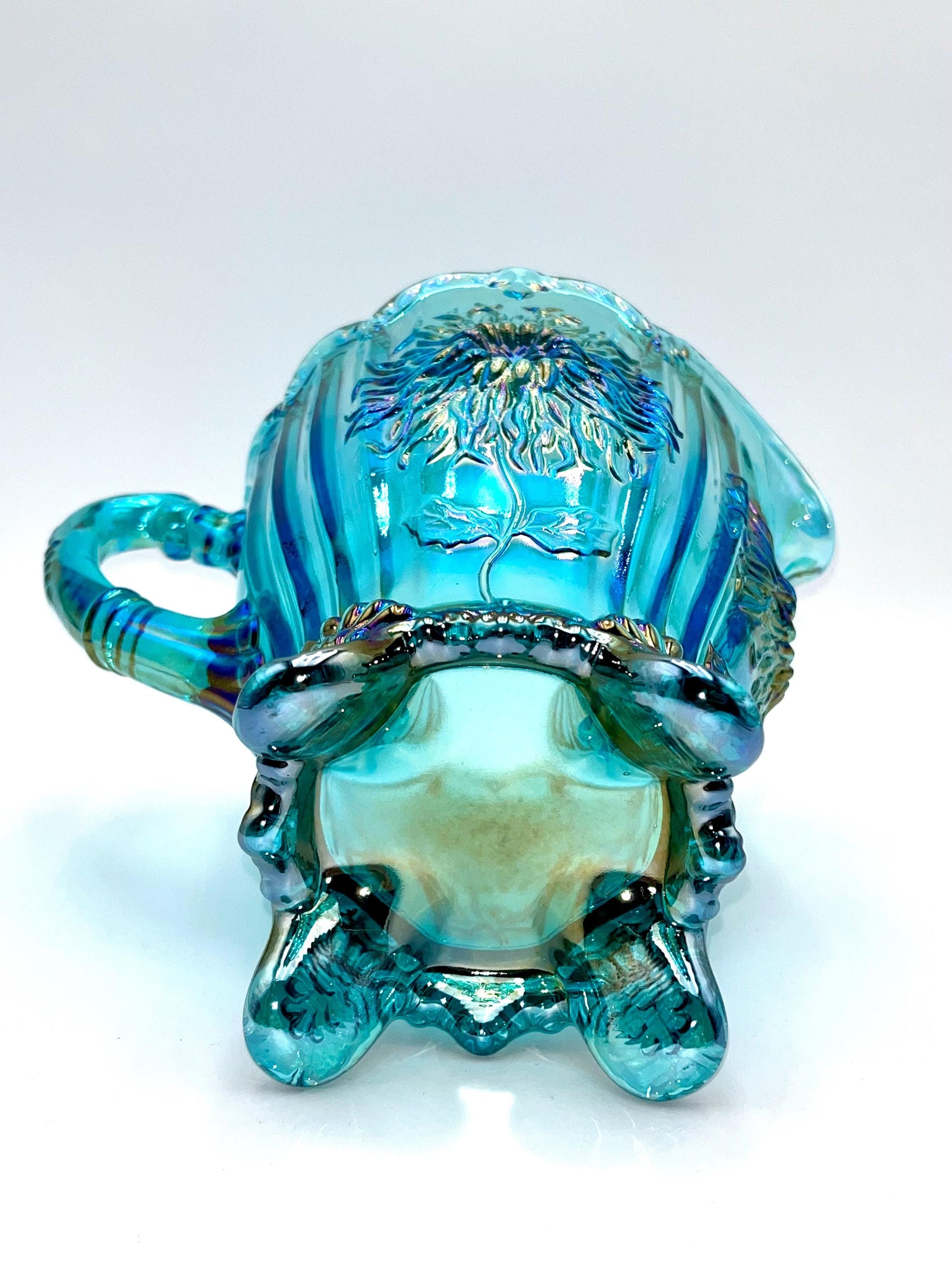 Dahlia Pitcher Teal Carnival by Mosser Glass 8" High and Holds 48 oz To The Rim