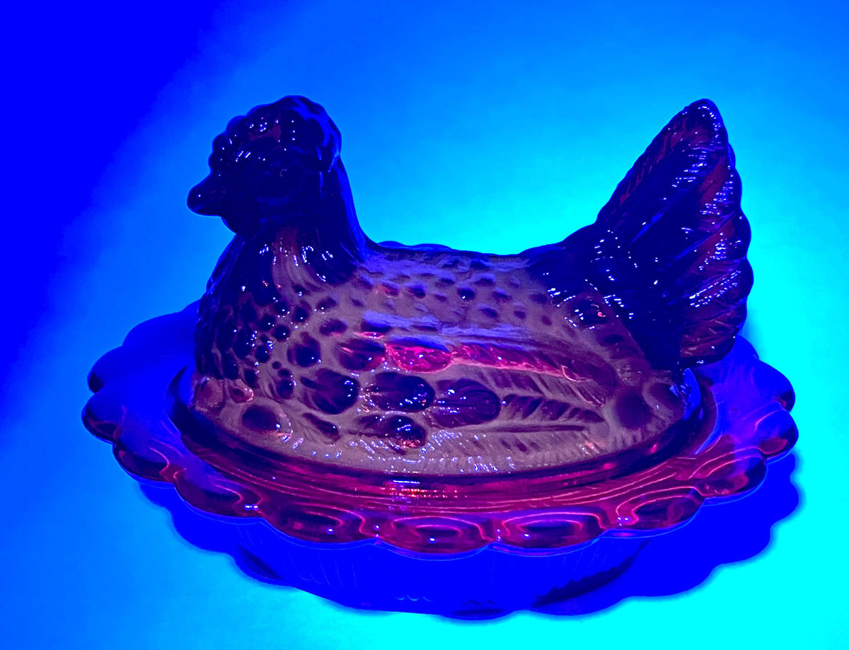 Mosser Red Hen on Nest Glows under UV Candy Dish 4" high, 6 5/8" long and 5 1/2" wide Marked Mosser Glass
