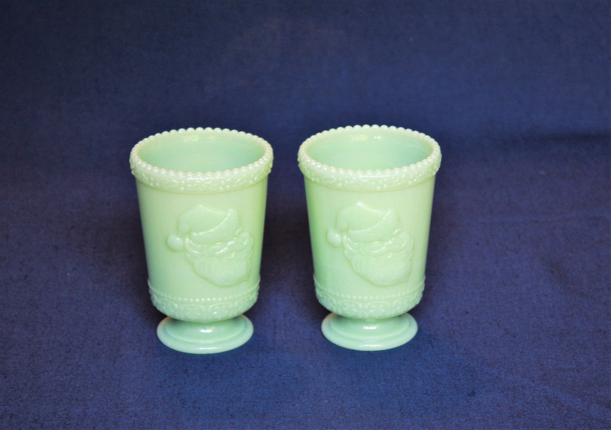 Jadeite Santa Glasses by Mosser Glass YOUR CHOICE of a Single or Set of 2 Tumblers, 8 oz Cup 4 1/2" High 3 1/4" Wide