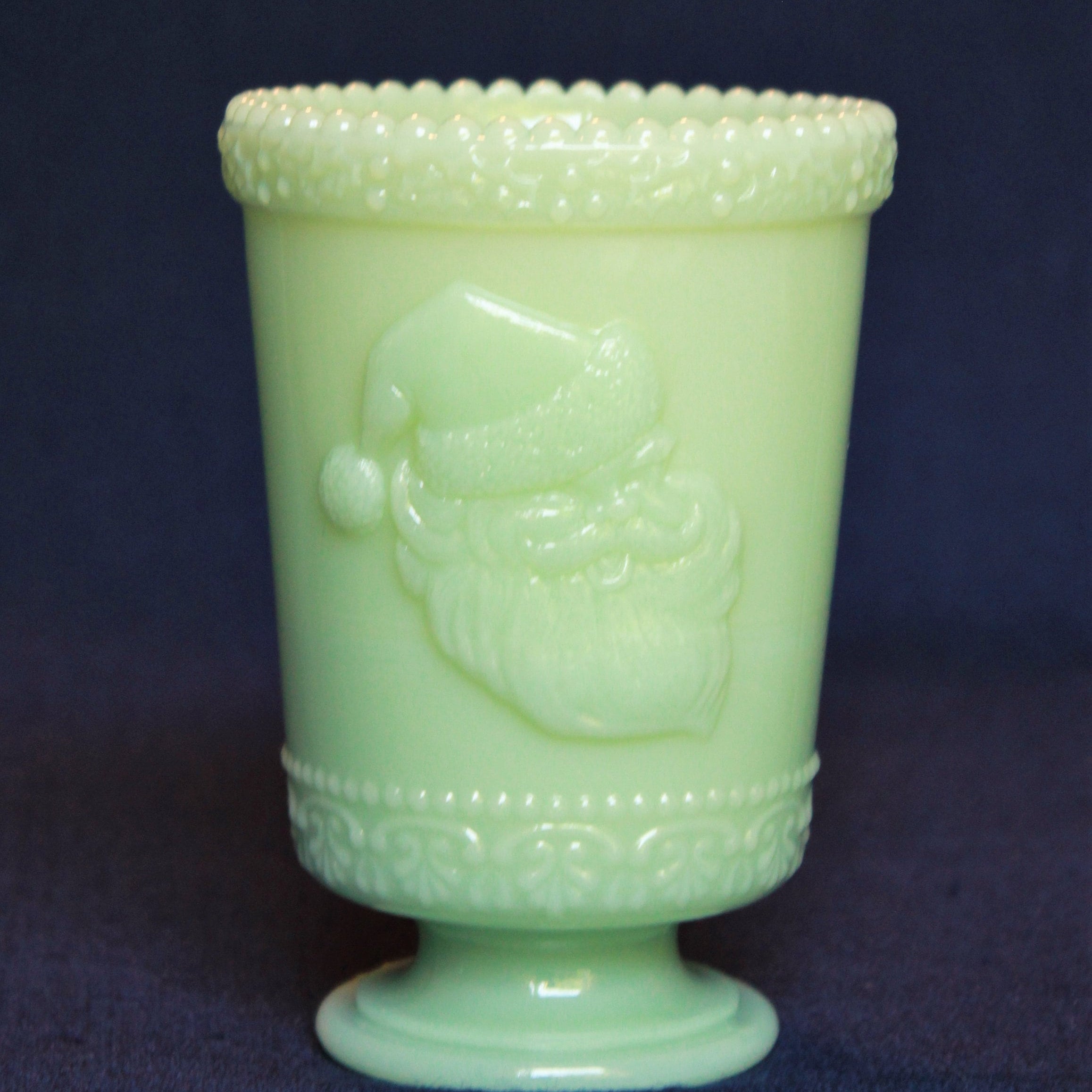 Jadeite Santa Glasses by Mosser Glass YOUR CHOICE of a Single or Set of 2 Tumblers, 8 oz Cup 4 1/2" High 3 1/4" Wide