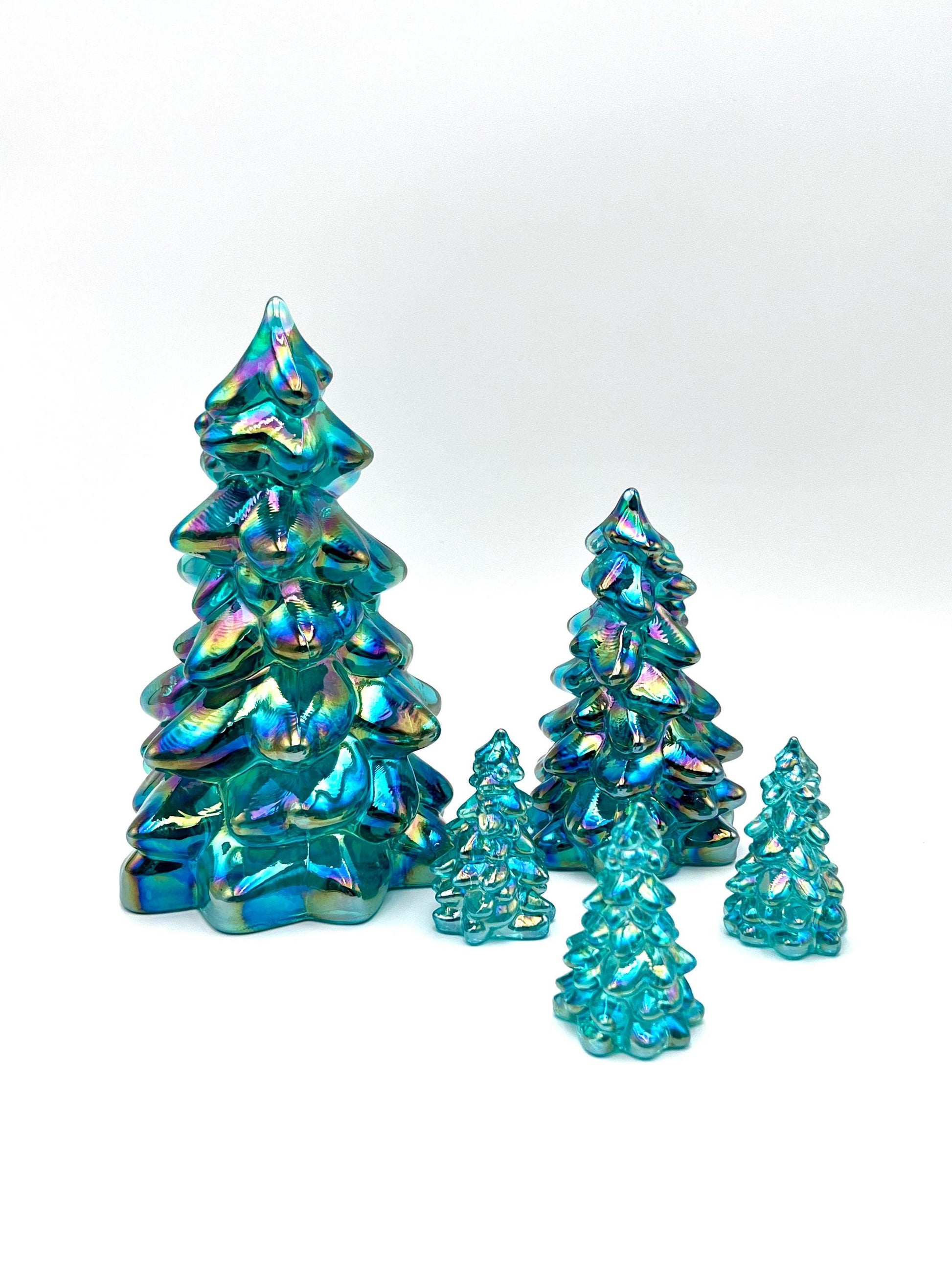 Mosser Glass Trees Teal Carnival Set of 5 Trees, 1 Large, 1 Medium and 3 Small Tree Collection Pressed Glass Pine Tree