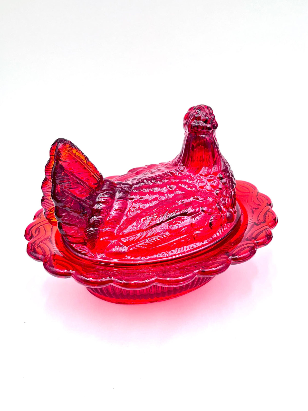 Mosser Red Hen on Nest Glows under UV Candy Dish 4" high, 6 5/8" long and 5 1/2" wide Marked Mosser Glass