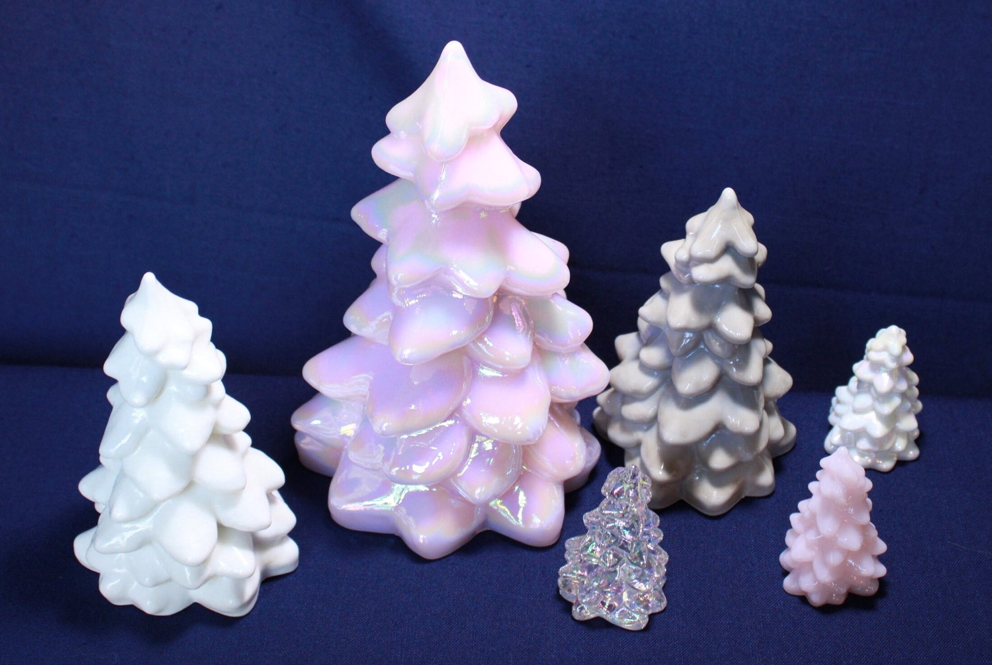 Mosser Glass Trees a Set of 6 Trees, 1 Large, 2 Medium and 3 Small Tree Collection Pressed Glass Pine Tree