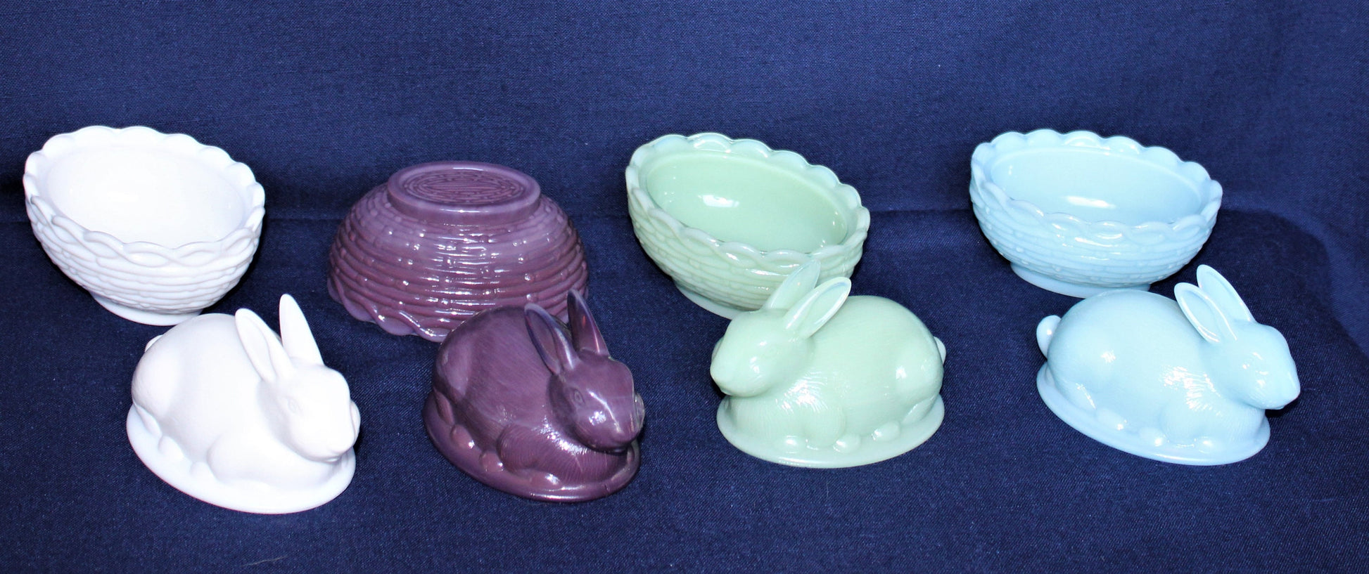 Mosser Bunny Covered Dish, 3-3/4" High 4" Long, Choice of Colors: Jadeite, Milk Glass, Purple, Pink, Teal, Eggplant