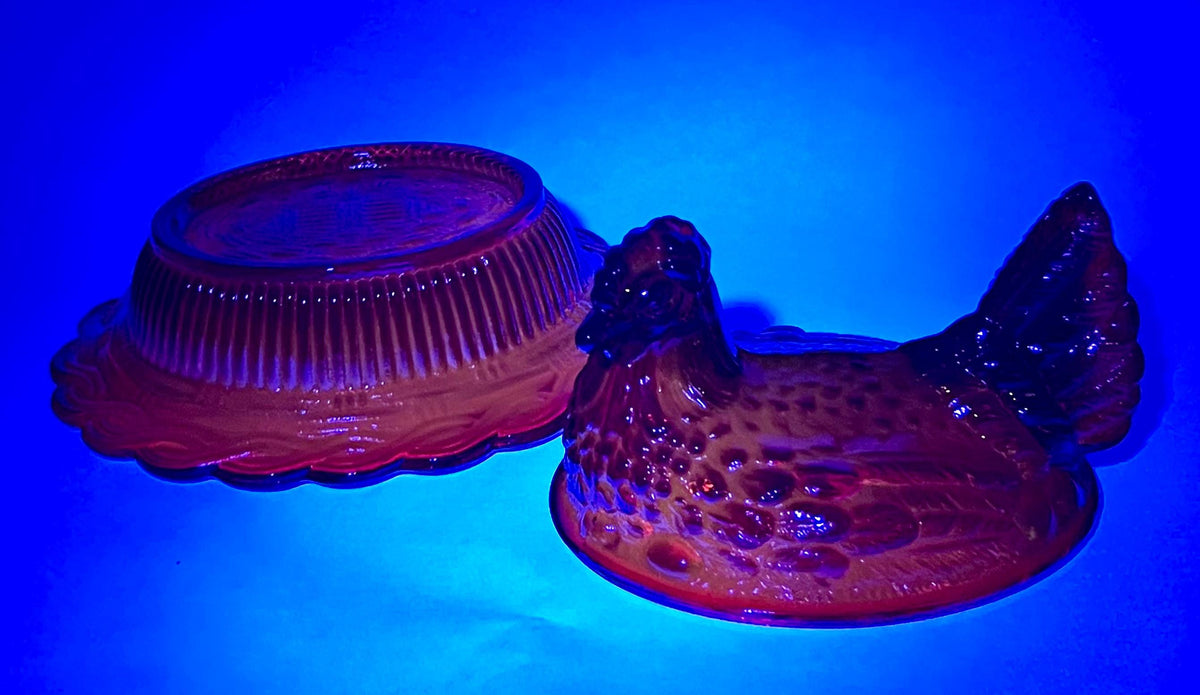 Mosser Red Hen on Nest Glows under UV Candy Dish 4" high, 6 5/8" long and 5 1/2" wide Marked Mosser Glass
