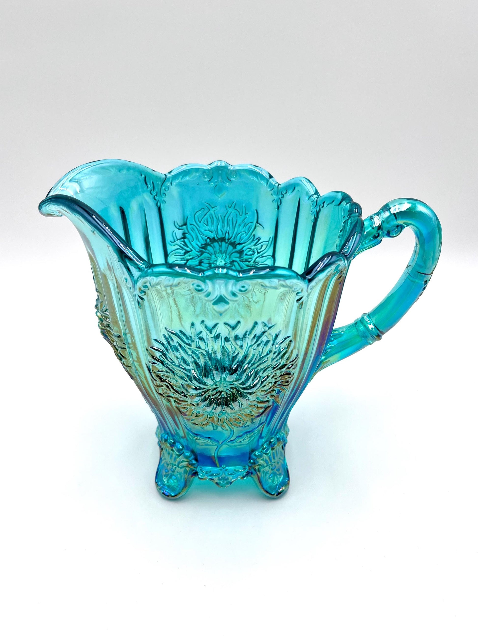 Dahlia Pitcher Teal Carnival by Mosser Glass 8" High and Holds 48 oz To The Rim