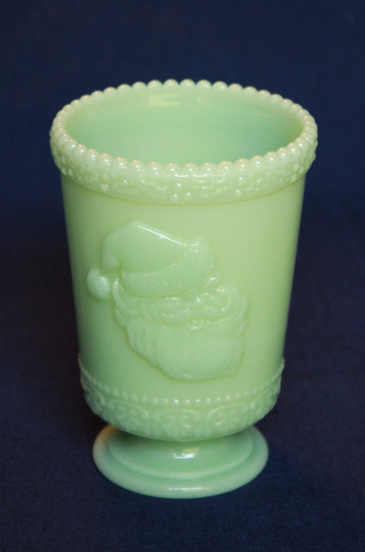 Jadeite Santa Glasses by Mosser Glass YOUR CHOICE of a Single or Set of 2 Tumblers, 8 oz Cup 4 1/2" High 3 1/4" Wide