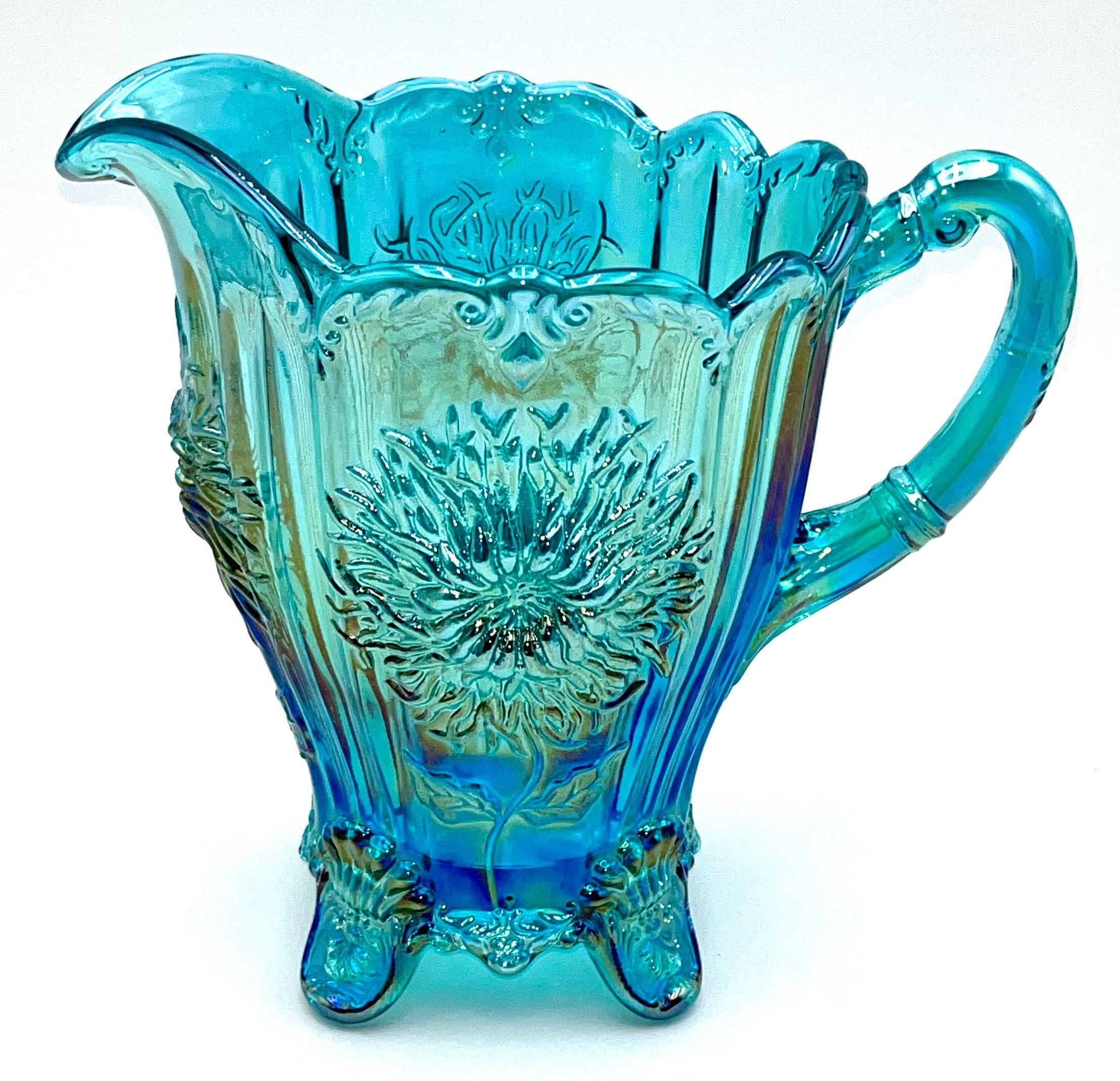 Dahlia Pitcher Teal Carnival by Mosser Glass 8" High and Holds 48 oz To The Rim