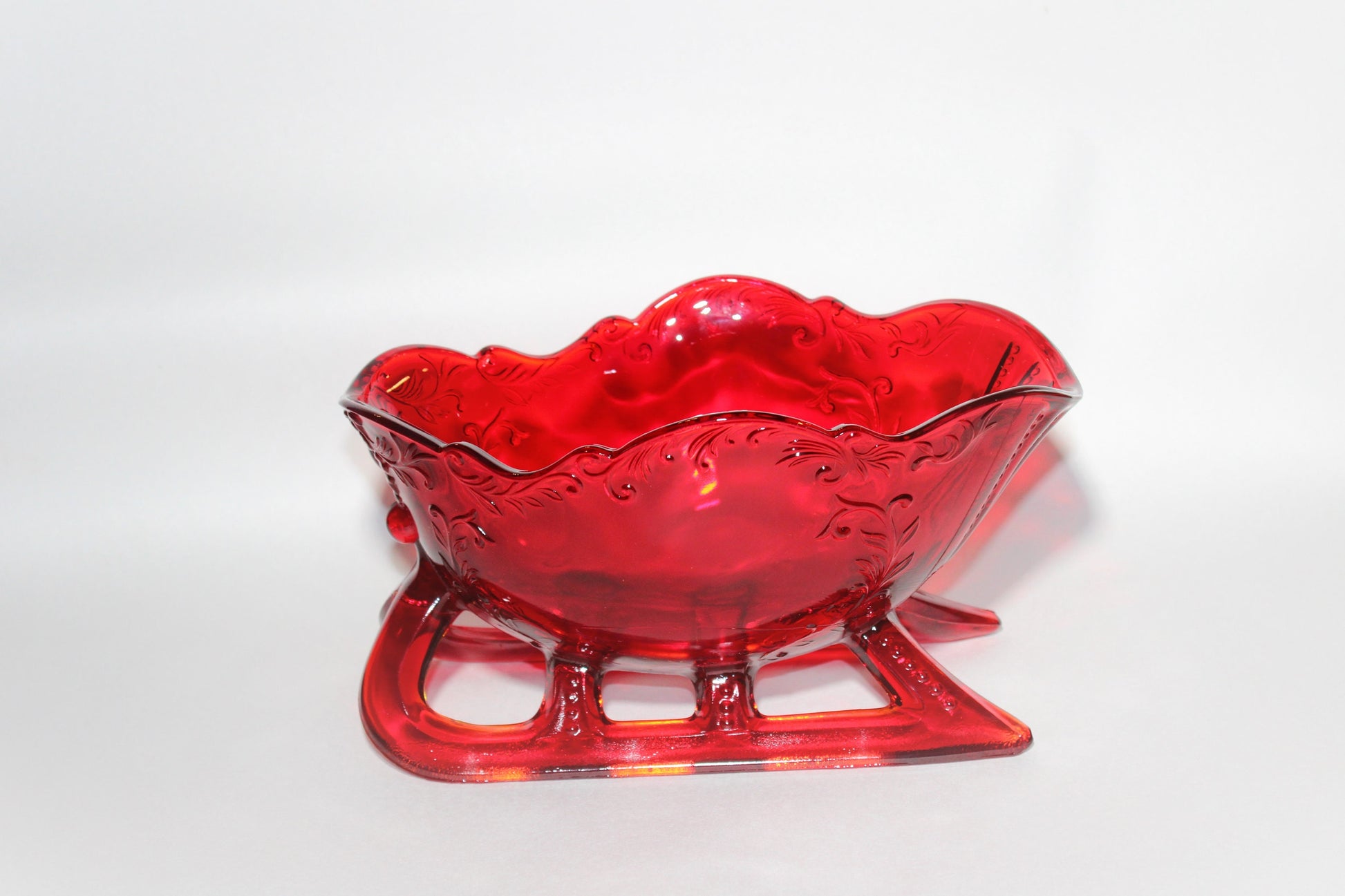Mosser Glass Red Sleigh 9-1/4" Long by 6" Wide, Ruby Red Horse Drawn Sleigh