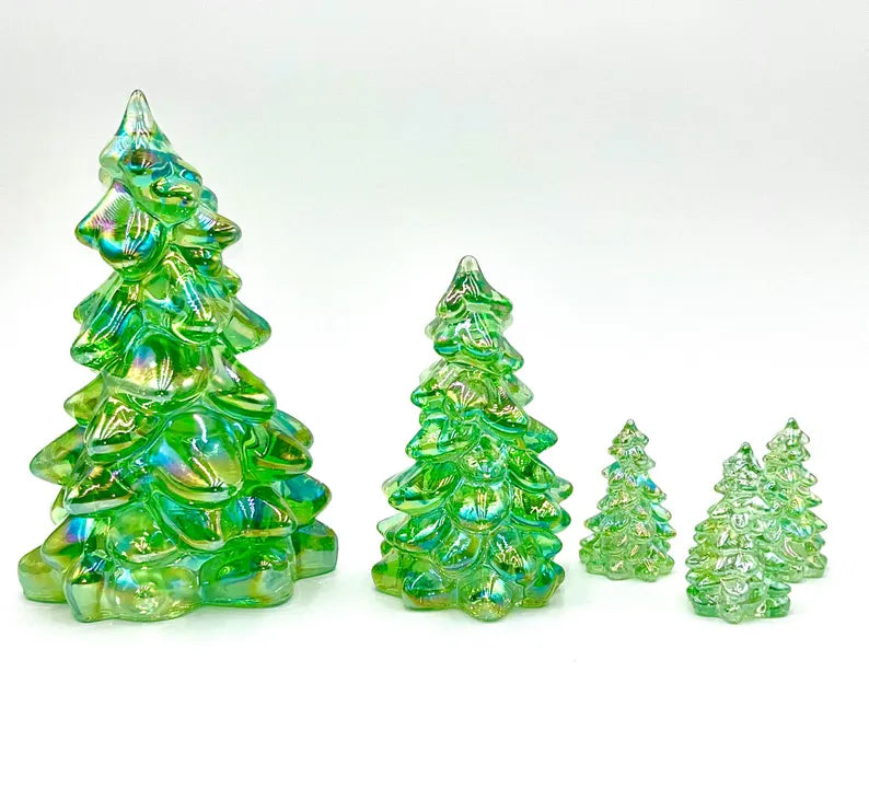 Mosser Glass Trees Apple Green Carnival Set of 5 Trees, 1 Large, 1 Medium and 3 Small Tree Collection Pressed Glass Pine Tree