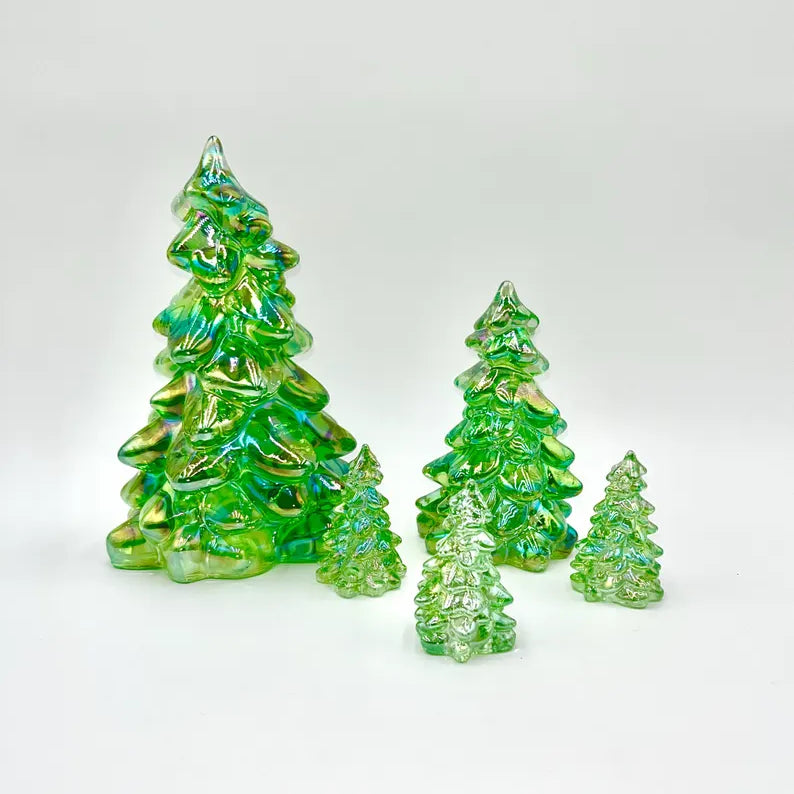 Mosser Glass Trees Apple Green Carnival Set of 5 Trees, 1 Large, 1 Medium and 3 Small Tree Collection Pressed Glass Pine Tree
