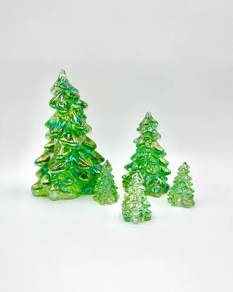 Mosser Glass Trees Apple Green Carnival Set of 5 Trees, 1 Large, 1 Medium and 3 Small Tree Collection Pressed Glass Pine Tree