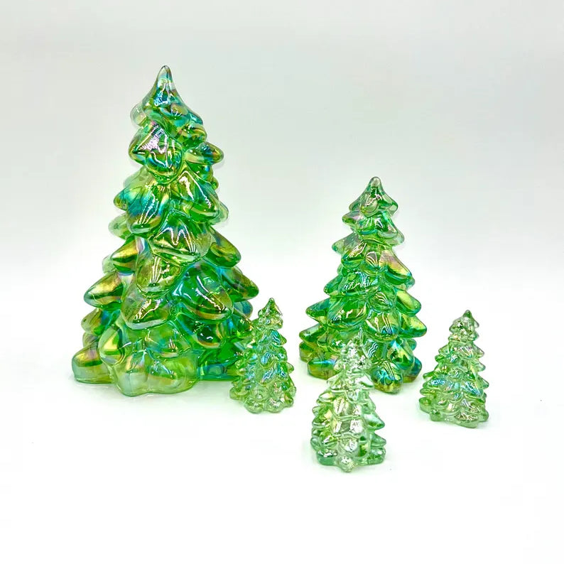 Mosser Glass Trees Apple Green Carnival Set of 5 Trees, 1 Large, 1 Medium and 3 Small Tree Collection Pressed Glass Pine Tree