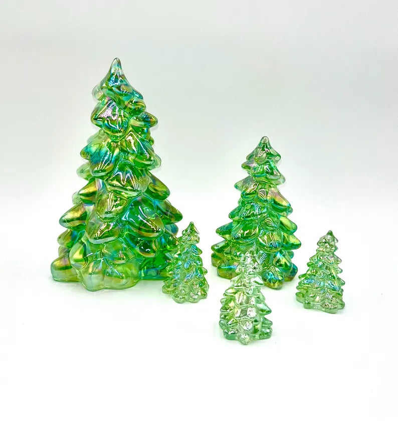 Mosser Glass Trees Apple Green Carnival Set of 5 Trees, 1 Large, 1 Medium and 3 Small Tree Collection Pressed Glass Pine Tree
