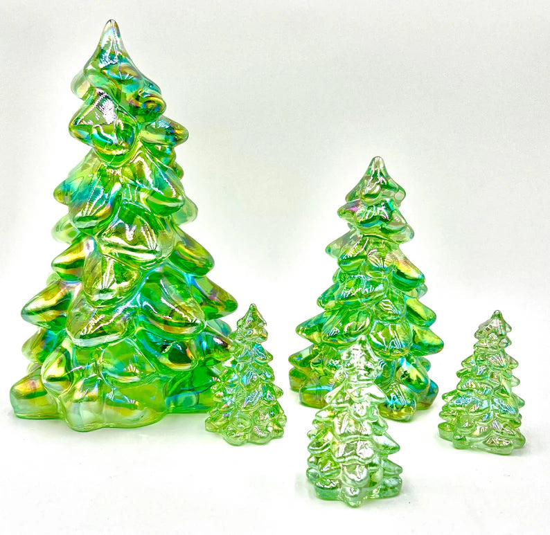 Mosser Glass Trees Apple Green Carnival Set of 5 Trees, 1 Large, 1 Medium and 3 Small Tree Collection Pressed Glass Pine Tree