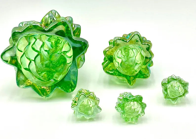 Mosser Glass Trees Apple Green Carnival Set of 5 Trees, 1 Large, 1 Medium and 3 Small Tree Collection Pressed Glass Pine Tree